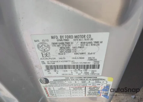 2012 Ford F-150 Fx4 z USA, uszkodzony, nr VIN 1FTFW1ET1CFB77143